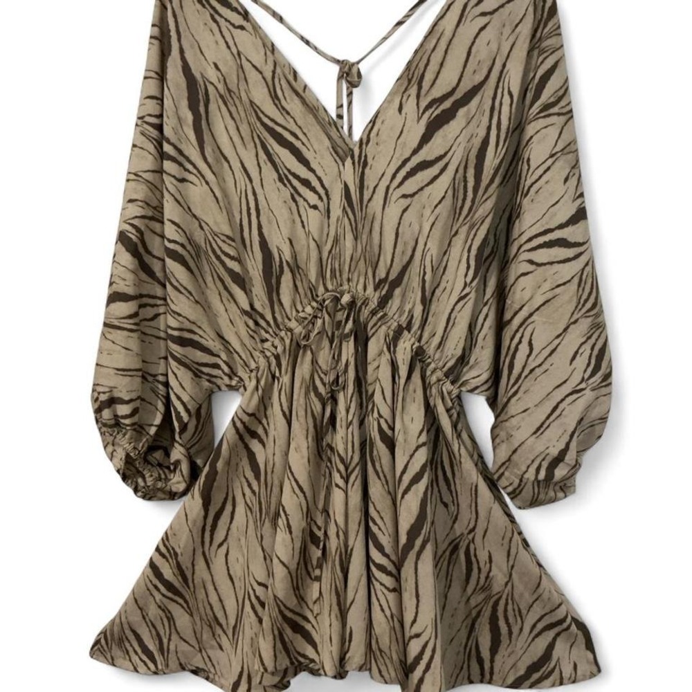Santa Sofia Mini Dress Womens S Tan Zebra Print Excellent Boho Balloon Sleeve